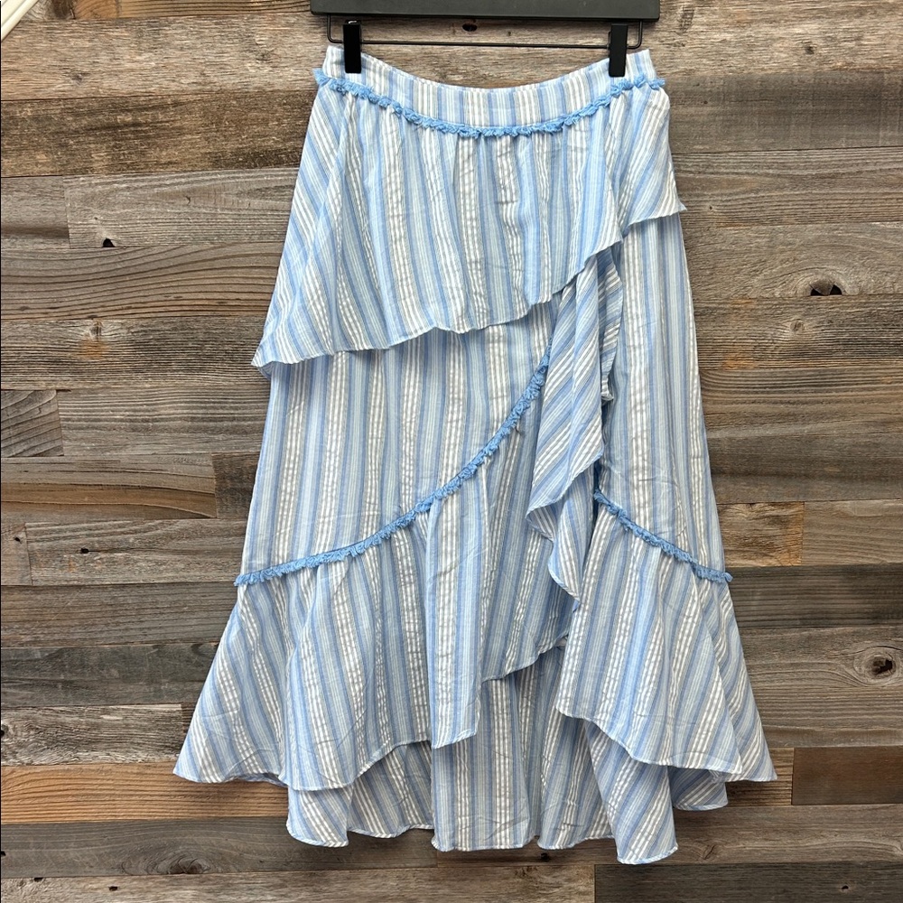 Moon River NWOT Light Blue Striped Ruffle Fringe High Low Maxi Skirt 100% cotton